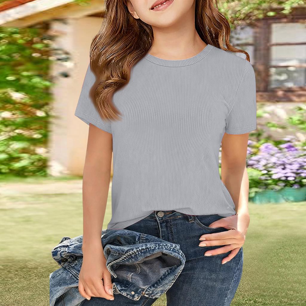 Geripptes Mädchen-T-Shirt, Kurzarm Rundhals Freizeit-Top
