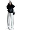 Petite Women's High-Waisted White/Gray Striped Fleece-Lined Joggers - Autumn/Winter
