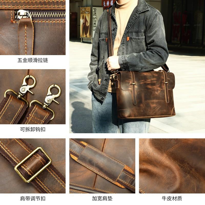 Crazy Horse Leather Crossbody Bag Genuine Retro Travel Shoulder Men's Business Casual Handbag
