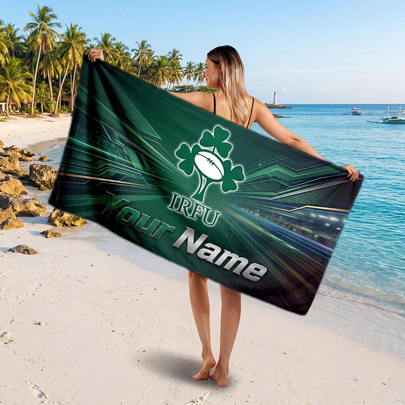 Ireland Rugby Customized Name Text Beach Towel, Soft Absorbent Towel Beach Pool Travel Personal Gift