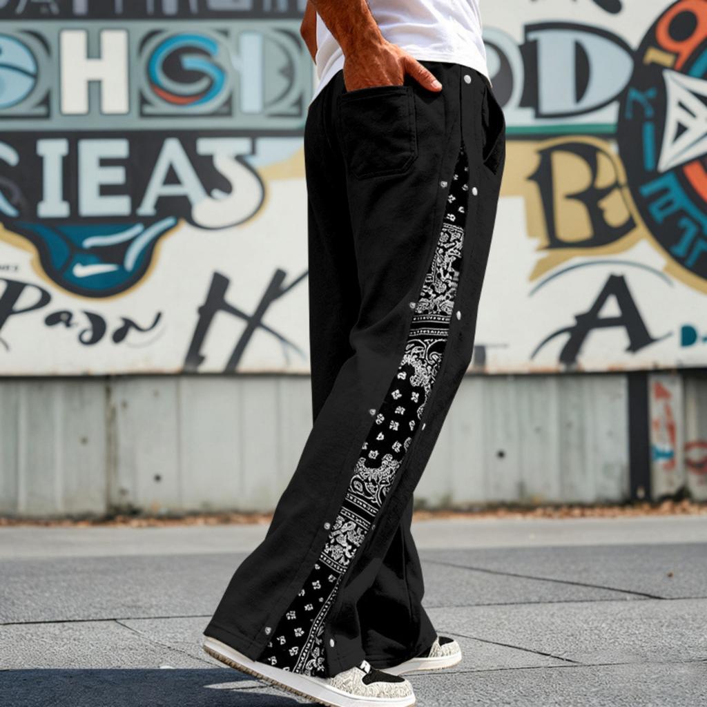 Men's High Street Trendy Pants Casual Solid Color Wide Leg Trousers Basic Straight Outfits With Side Button