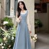 Solid Patchwork Square Neck Long Sleeve Fake Two Pieces Dresses Elegant Fashion Harajuku Female Clothes Casual All Match Skirt