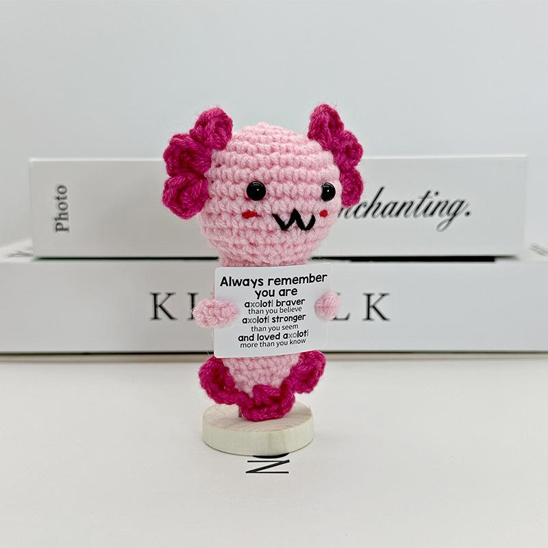 Positive Crochet Animal Axolotl Doll With Card Home Room Decor Handmade Emotional Support Wool Plush Axolotl Desktop Ornament