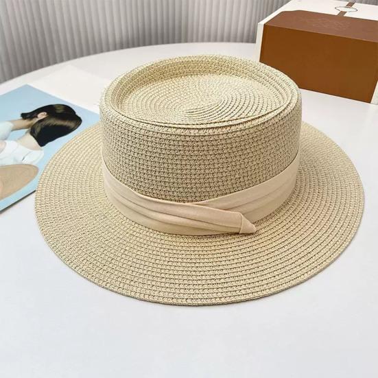 Flat Straw Hat Natural Straw Weaving Wide Brim Sun Hat Summer Beach Sun Protection Hat with Ribbon Bow