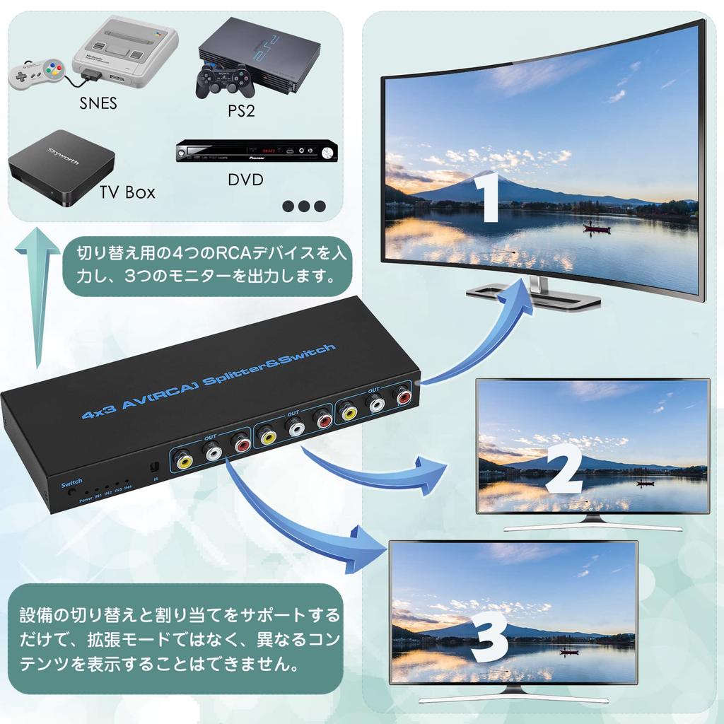 Przełącznik RCA 4x3 RCA 4 3 1080P AV Kompatybilny z DVD Kamera Wideo i z Pilotem na Podczerwień Selektor, Przełącznik, Dystrybutor, Wejścia, Wyjścia, 60Hz,