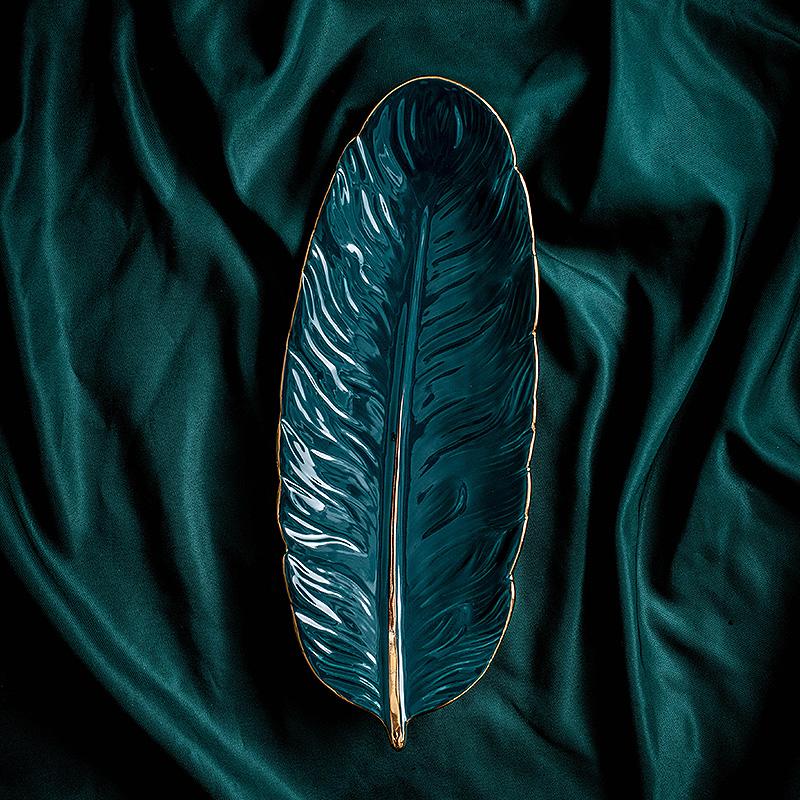 10inch Ceramic Feather Shape  Plate Gold Porcelain Dessert Jewelry Plates Dish Dinnerware Sushi Tableware Storage Tray
