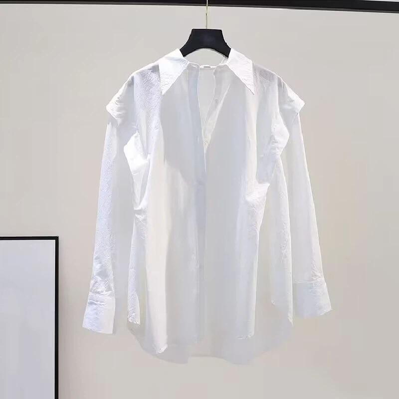 

Ladies Spring and Autumn New Light Blue Loose Shirt Lapel Long-sleeved Casual Top S