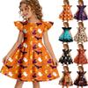 Girls Halloween Casual Dress Ruffle Sleeve Round Neck Patchwork Pattern Knee Length Dress for Kids