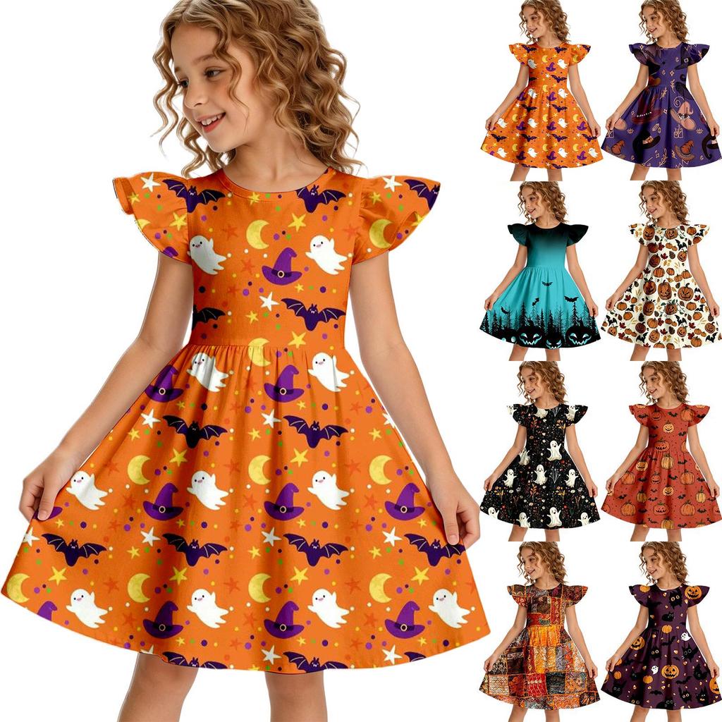 Girls Halloween Casual Dress Ruffle Sleeve Round Neck Patchwork Pattern Knee Length Dress for Kids