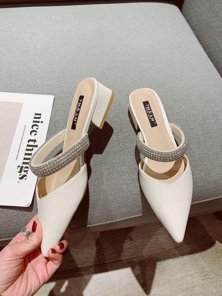 Baotou Half Slippers Women Wear Spring and Summer 2025 New Rhinestone Word with Thick Heel Pointed Head Half Tray Fairy Sandals