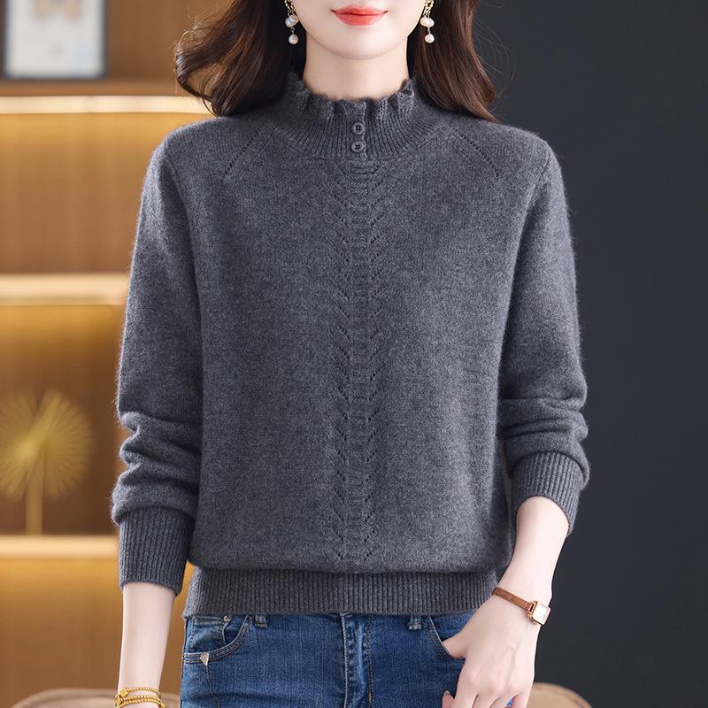 Women's Cashmere Sweater: Autumn/Winter Wool Knitwear, New Style, Thickened Base Layer, Semi-High Collar with Ruffles.