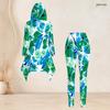Women Plus Size 2 Piece Outfit Hooded Long Sleeve Tropical Leaf Printed High Low Top Fitted Pants