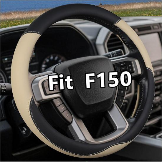 Nappa Leather Steering Wheel Cover for Ford F150/F250/F350, 15.5-16 Inch Truck Steering Wheel Grip, Breathable & Anti-Slip, Premium Semi Car