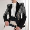 Women Blazer Right-angle Shoulder Double Breasted Long Sleeves OL Style Lapel Dress Up Cardigan Striped Print Lady Coat for Work