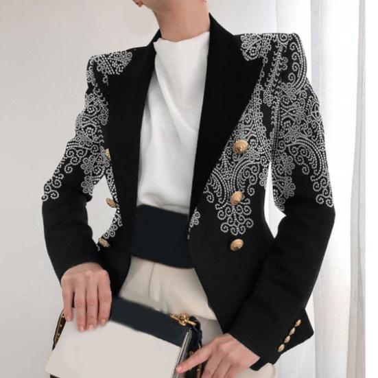 Women Blazer Right-angle Shoulder Double Breasted Long Sleeves OL Style Lapel Dress Up Cardigan Striped Print Lady Coat for Work