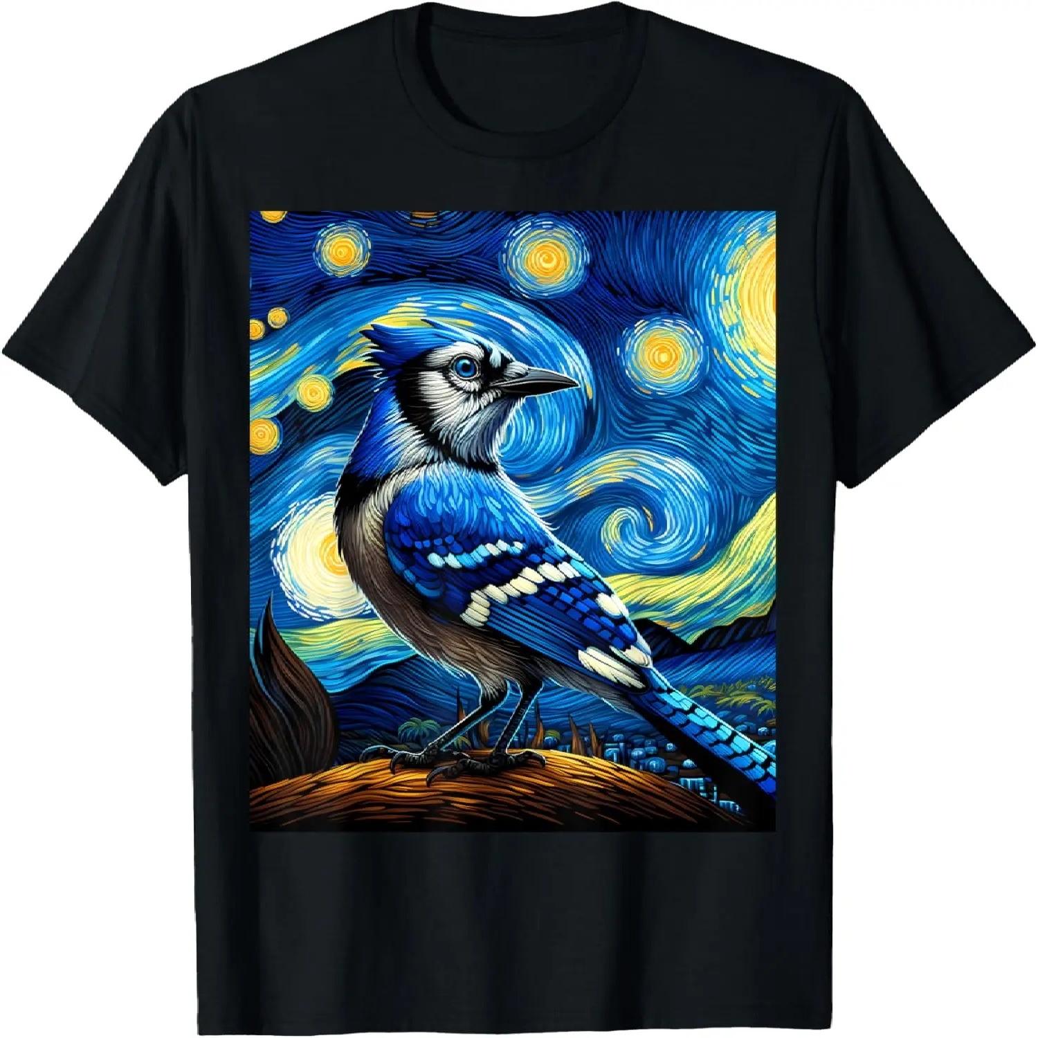 Blue Jay Under Starry Night Sky Art Graphic Christmas T-Shirt S