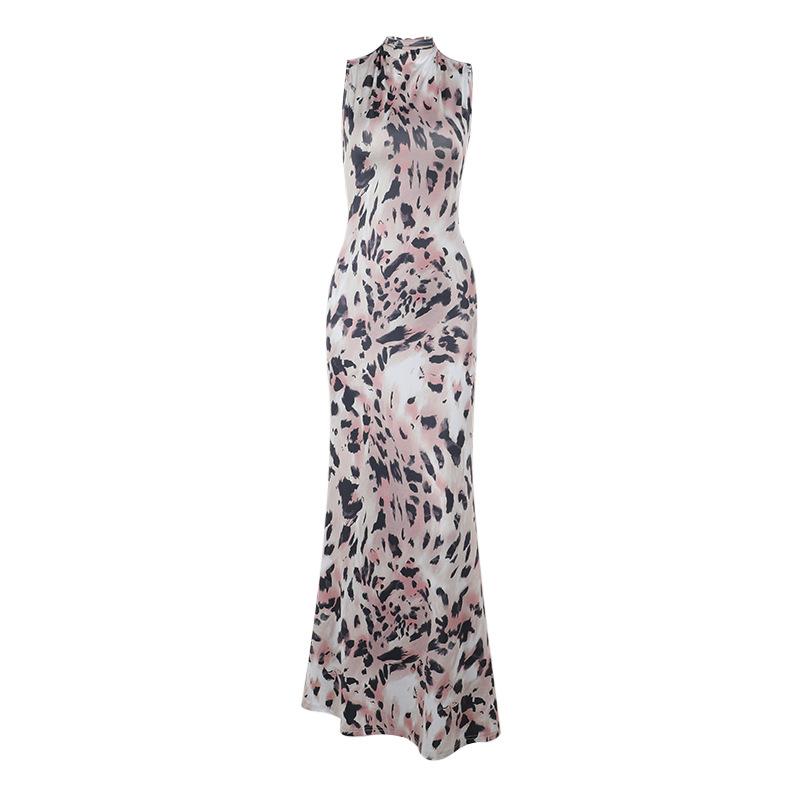 Autumn Dress Women's Elegance Slim Leopard Print High Neck Halter Dress