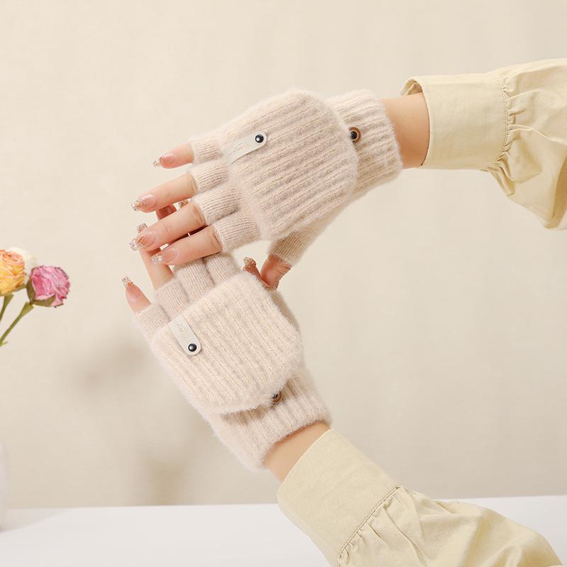 Women's Fingerless Wool Gloves with Flip-Top, Knitted Half-Finger Design for Winter Warmth and Cold Protection.