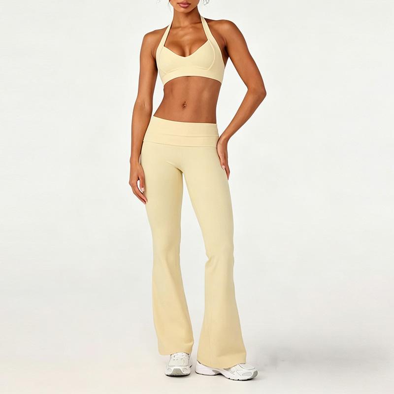 European and American yoga suit running fitness sports underwear Pilates folding flared pants training suit two-piece set