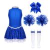 Girls Shiny Sequins Invisible Zipper Back Dress Cheerleading Set Bowknot Headwear Hand Flowers Striped Socks