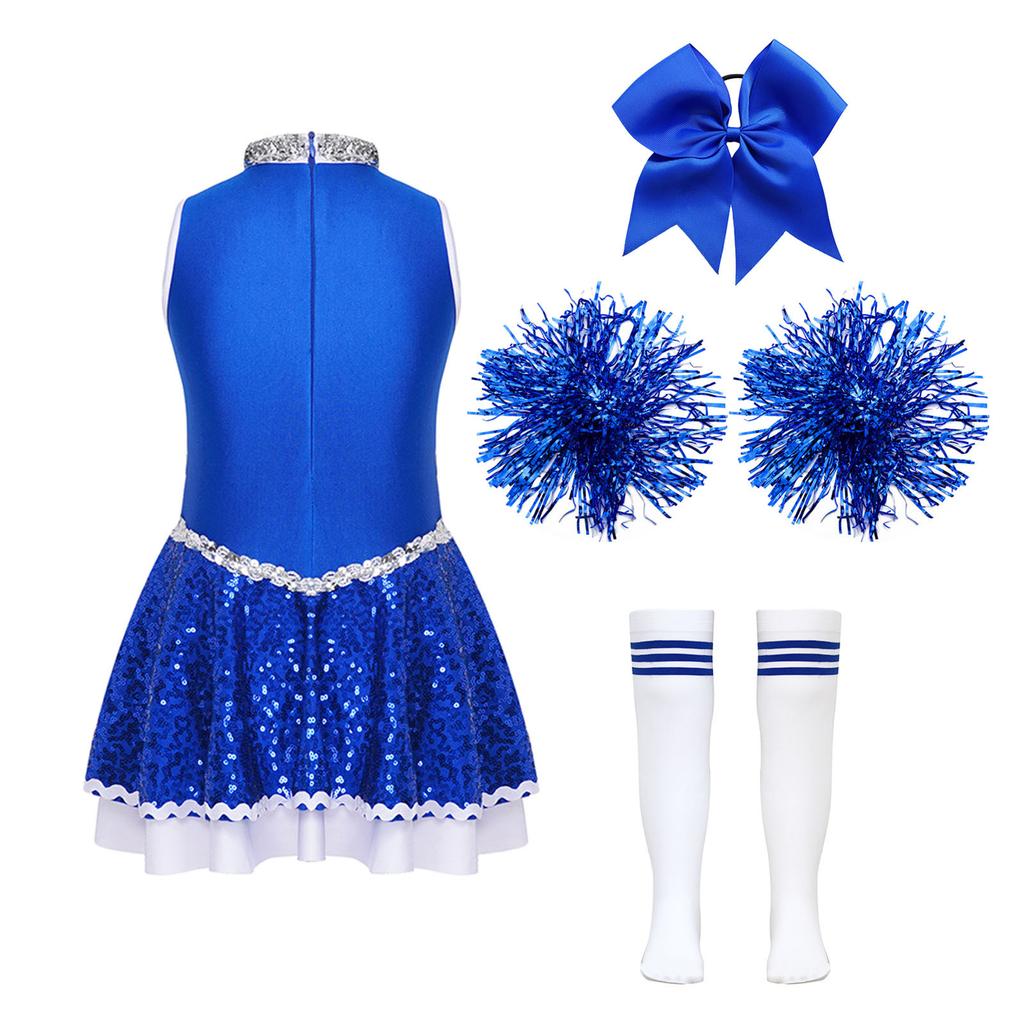 Girls Shiny Sequins Invisible Zipper Back Dress Cheerleading Set Bowknot Headwear Hand Flowers Striped Socks