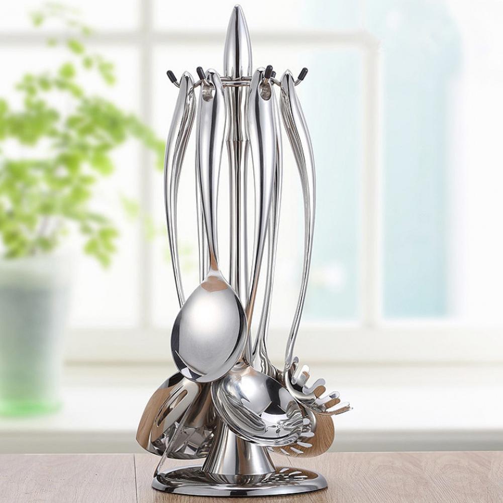 Stainless Steel Cooking Utensil Stand Kitchenware Spatula Scoop Spoon Rotating Storage Rack