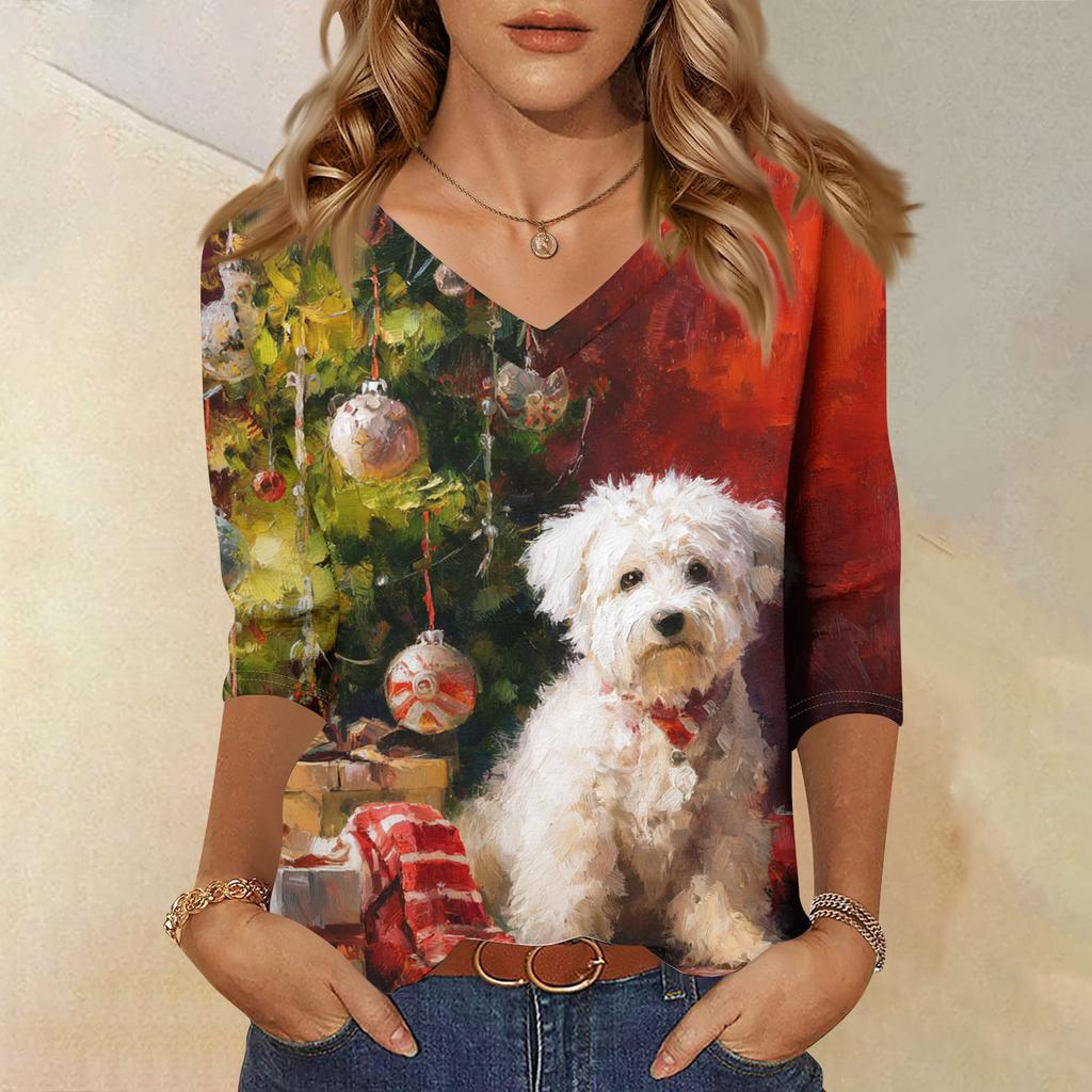 3/4 Sleeve Shirts For Women Print Christmas Tees Blouses Casual Plus Size Basic Tops Pullover