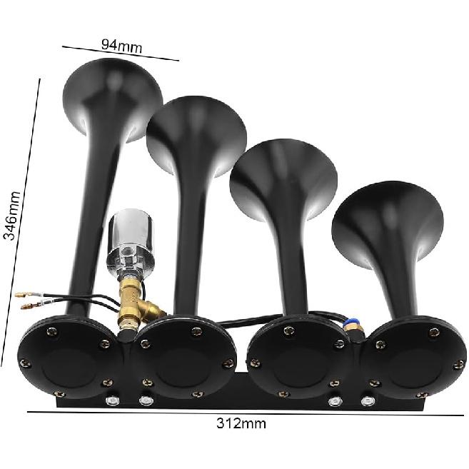 12V / 24V Truck Train Air Horn, 185dB Super Loud Four Trumpet Air Horn for Car Vehicle Truck Train Boat