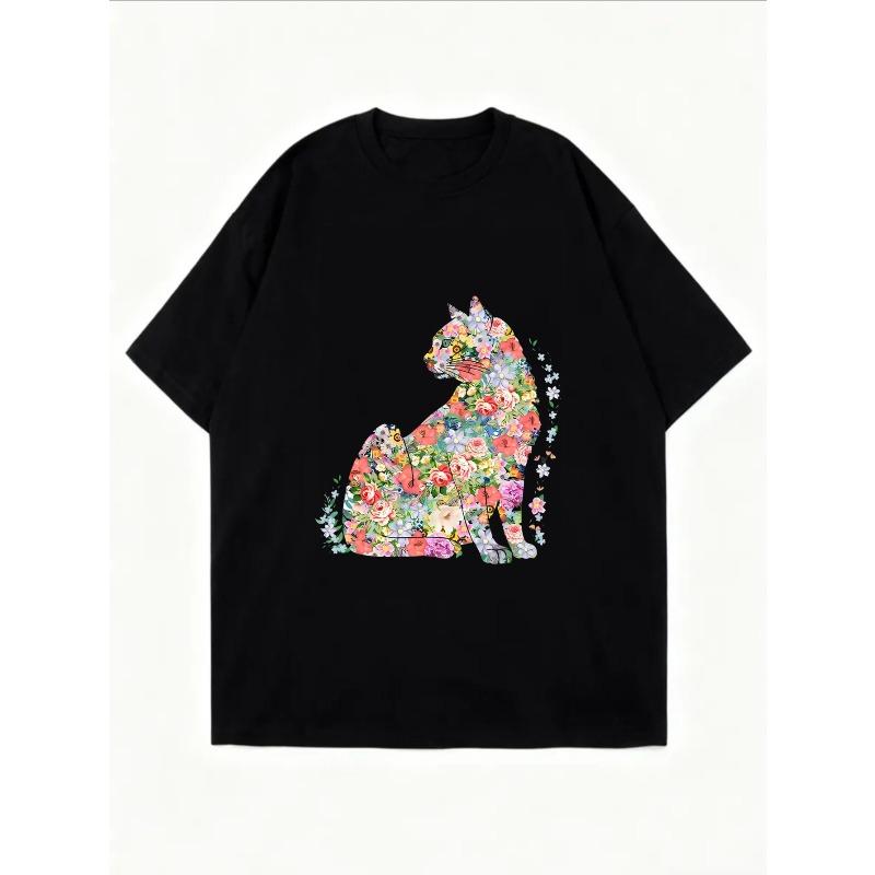 Floral Cat Print Oversized T-Shirt White Flower Animal Design For Casual Wear And Everyday Style