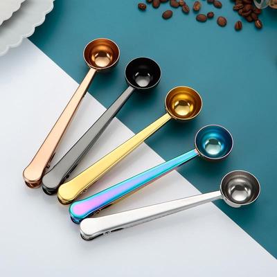 Vergoldeter Edelstahl Kaffeemesslöffel mit Clip - 2-in-1 Küchenhelfer zum Verschließen und Abmessen von Milchpulver
