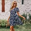 Chic Floral Print V Neck Short Sleeve Loose Dress Women Spring Autumn Fashion S-XL