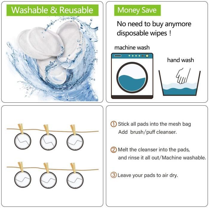 Disques Tampons Démaquillants - Bio - Lot de 16 - Réutilisables - Lavables - Doux en Microfibre