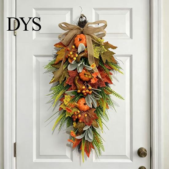 Artificial Holiday Floral Arrangement Artificia Fall Teardrop Swag, Autumn Harvest Sunflowers Pumpkins Leaves Berries Door Ready to Hang Swag Hanging