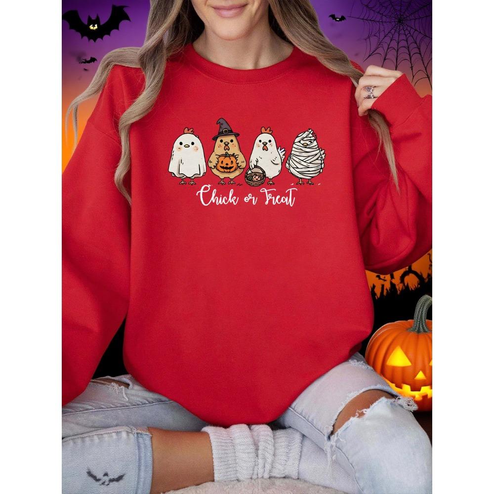 Four Different Shaped Chicks Prints Halloween Sweatshirt Women Winter Hoodie Crewneck Loose Pullover Casual Soft Clothes
