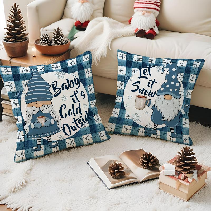New Blue Plaid Christmas Pillowcase Linen Print Pillowcase Festive Room Sofa Decoration Cushion Cover