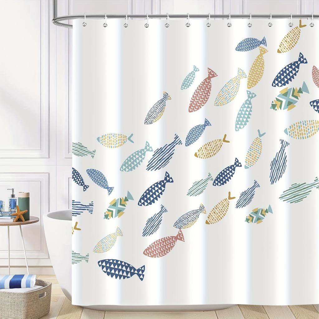1pc Colorful Fish Shower Curtain, Ocean Swiming Fishes Cartoon White Minimalist Shower Curtains Decor for Bathroom Set