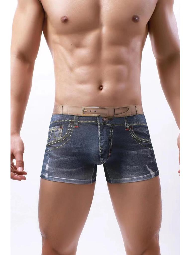 Men's 3D Faux Denim Print Boxer Briefs, Cotton Underwear Trendy Trunk.