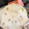 3D Flower Women's Sweater Round Collar Solid Color Half Pearl Button Long Sleeved Cardigan Autumn New Version Loose Casual Female Top