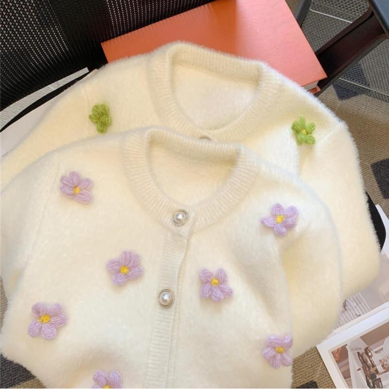3D Flower Women's Sweater Round Collar Solid Color Half Pearl Button Long Sleeved Cardigan Autumn New Version Loose Casual Female Top