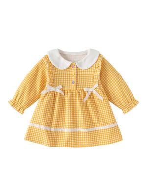 0-6 Jahre Mädchen Langarm Kariertes Baumwollkleid - Frühling & Herbst Prinzessinenstil