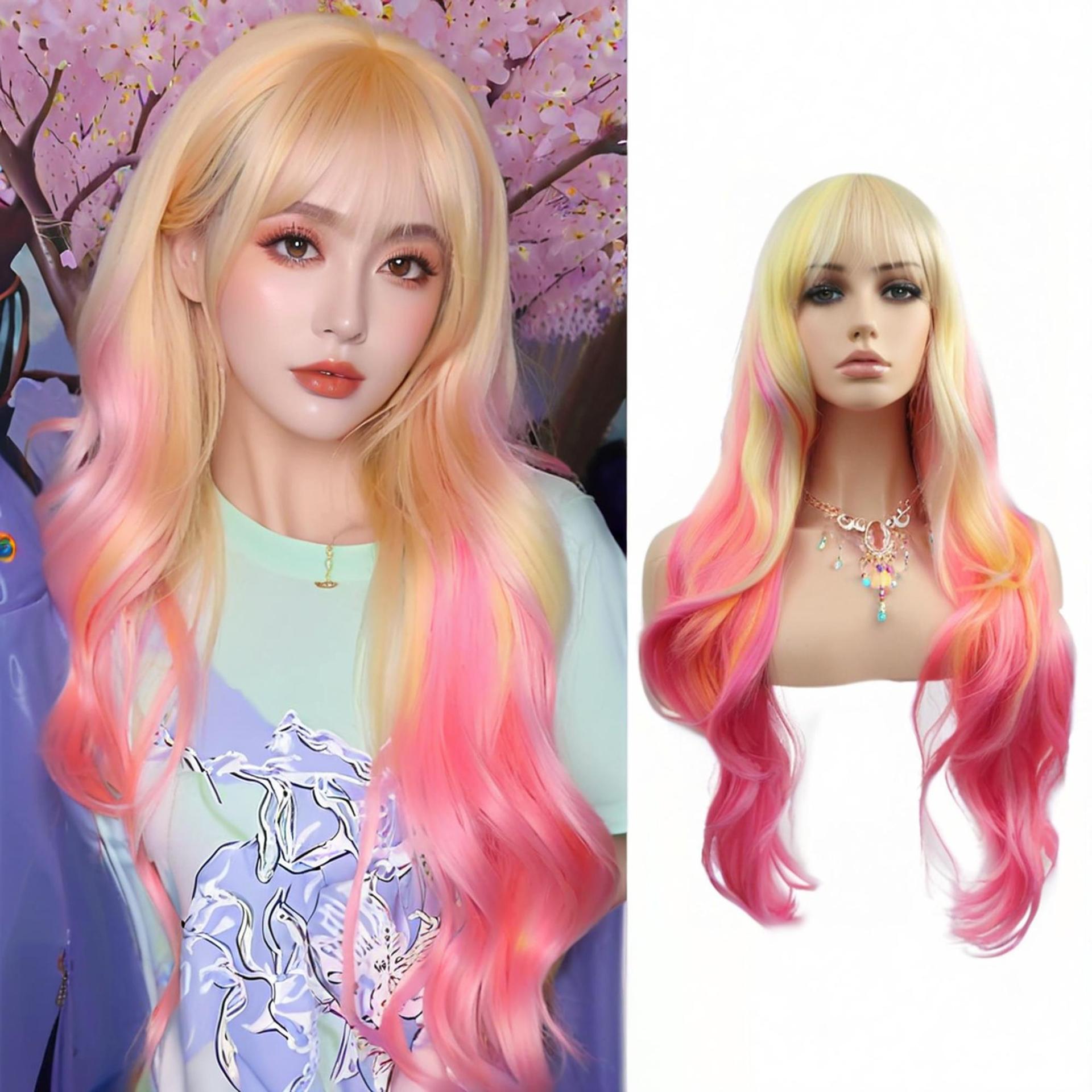 

Розовые блики натуральные длинные вьющиеся волосы воздушная челка на всю голову волнистые локоны One size розовый