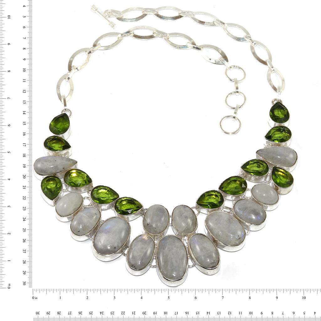 Rainbow Moonstone Peridot Gemstone Silver Jewelry Necklace 16-18''