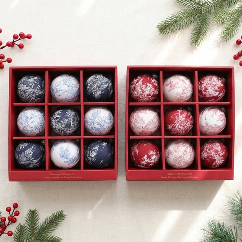 Holiday Tree Trim Set with 9 Fabric Covered Baubles, Patterned Hanging Accents for Wreath, Shelf and Window Styling