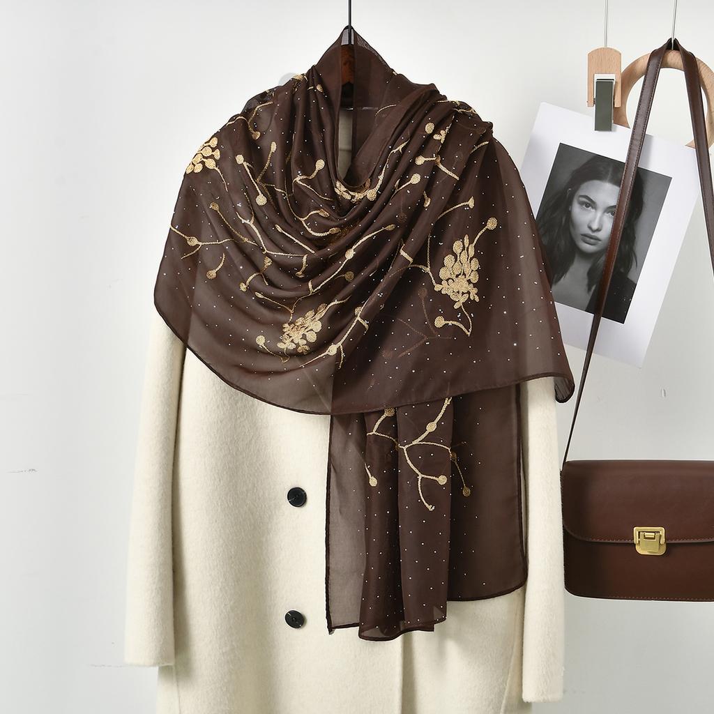 Fashion Embroidery Cotton Hijab Scarf For Women Muslim Shawls With Rhinestones Islamic Headscarf Wraps Foulard Solid Head Wraps