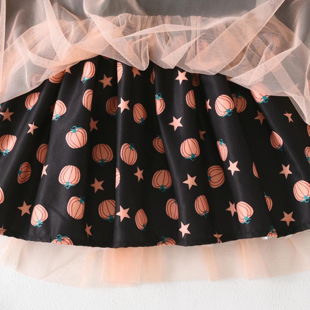 New Halloween Appliqué Mesh Dress with Pumpkin Print & Short Sleeves