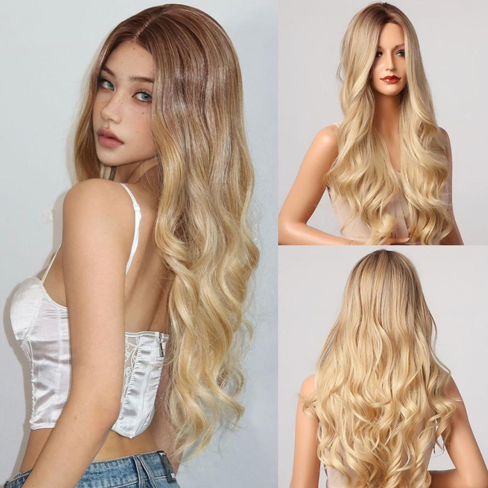 Synthetic Hairline Lace Wigs Blonde Long Body Wavy Cosplay Wig Middle Part Natural Wave Party Lolita Lace Frontal Wigs for Women