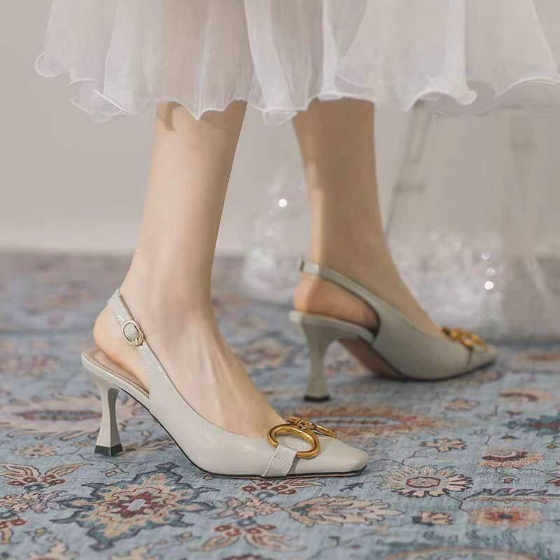 Fashion Women's Sandals Shoes Fashion New One-word Buckle High Heels Women's Square Toe Fine with Heel Single Shoes Height Shoes Sandals