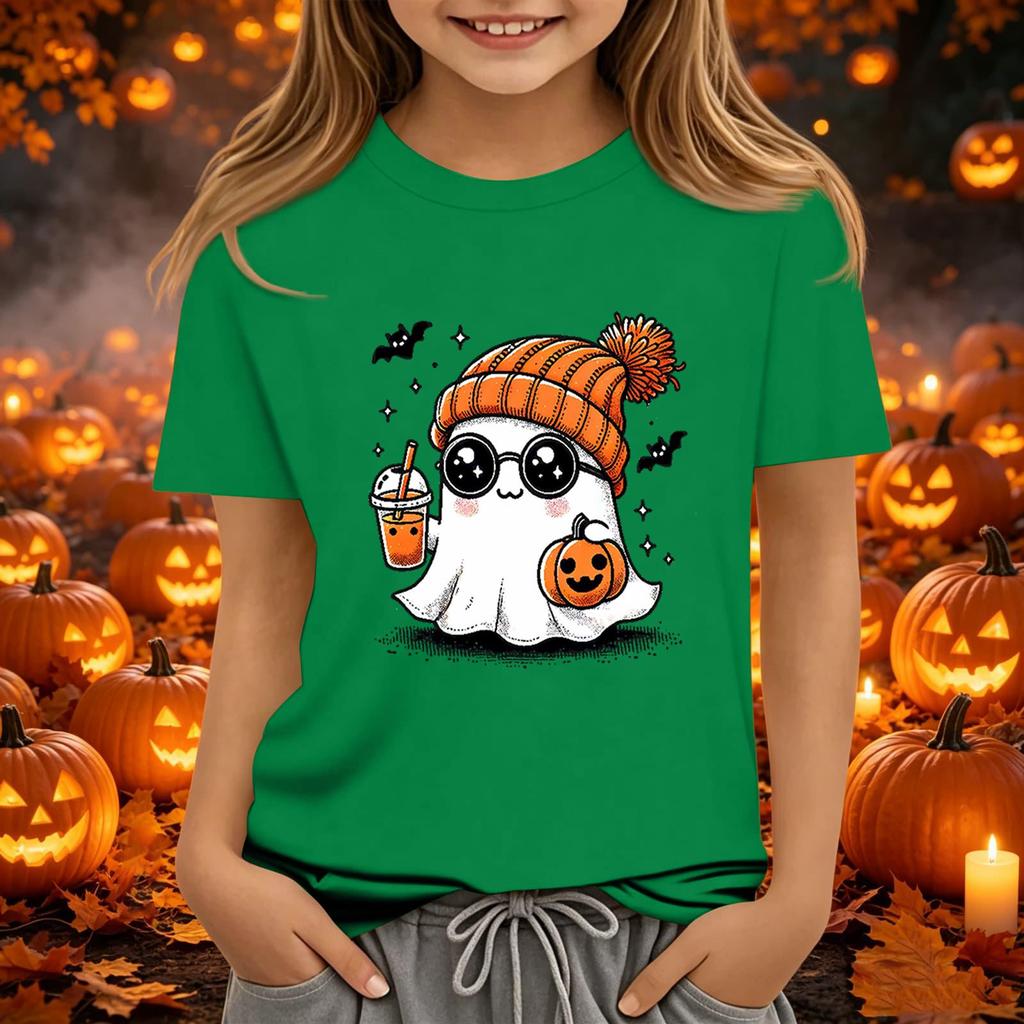 Kids Halloween Print Short Sleeve T-Shirt Round Neck Loose Fit Casual Tee for Boys Girls