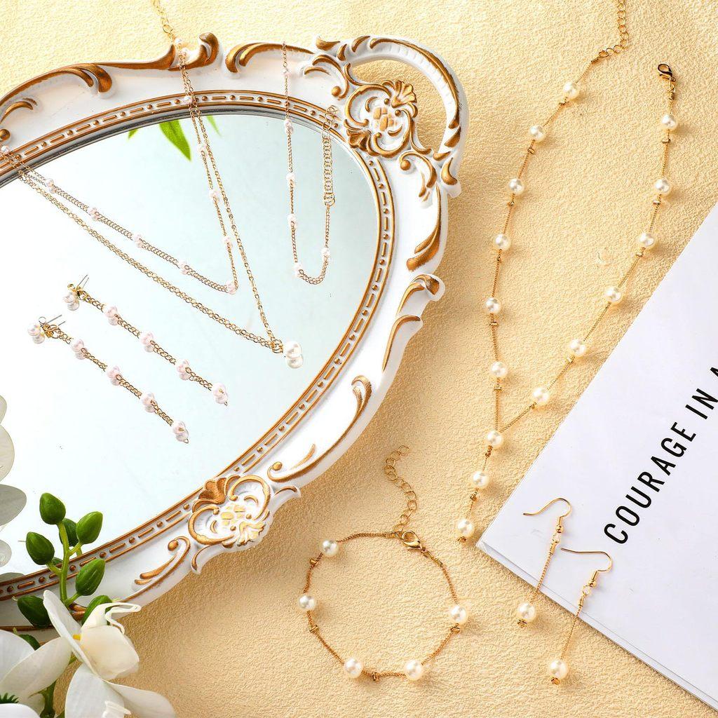 Lightweight French Pearl Necklace And Earring Set With Geometric Design For Elegant Women