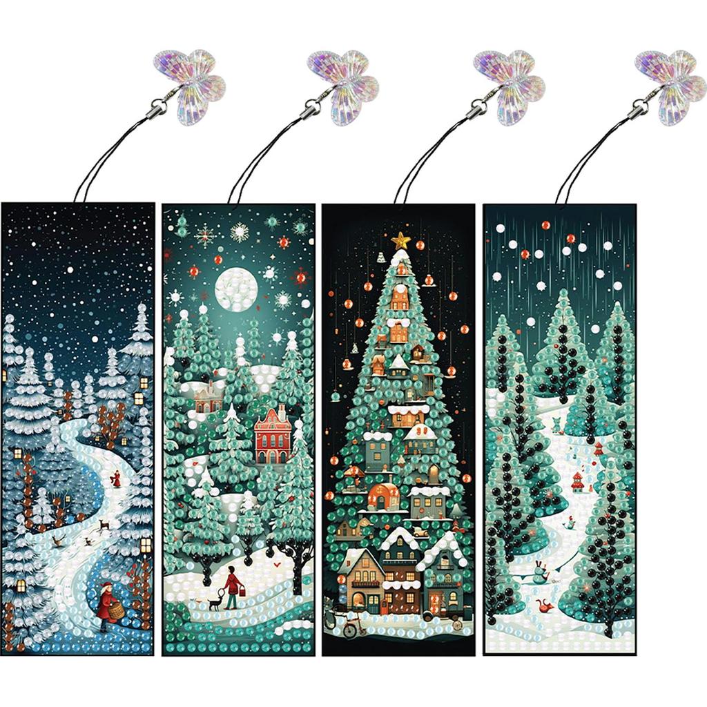 4Pcs Special Shaped Christmas Butterfly Flowers 5D DIY Diamond Art Book Mark Diamond Painting Bookmark Making Kit for Beginners